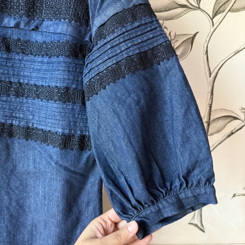 Banana Republic Blue Denim Lace Shift Puff Sleeve Dress - Picture 6 of 7